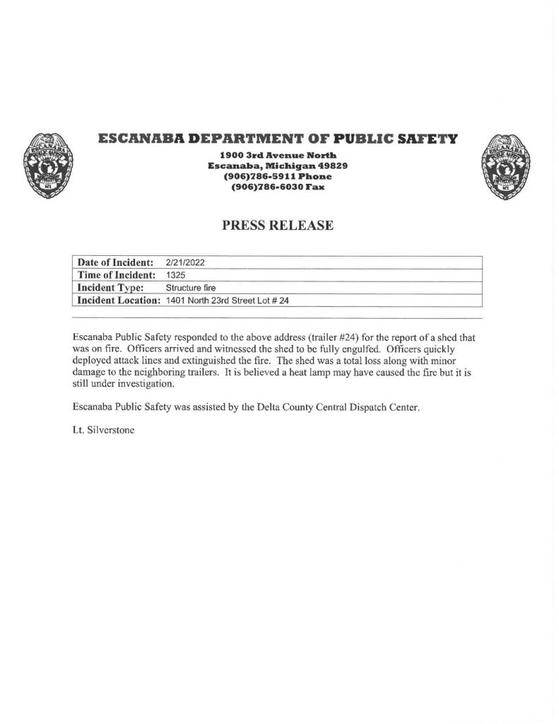 Shed Destroyed By Fire In North Escanaba Trailer Park