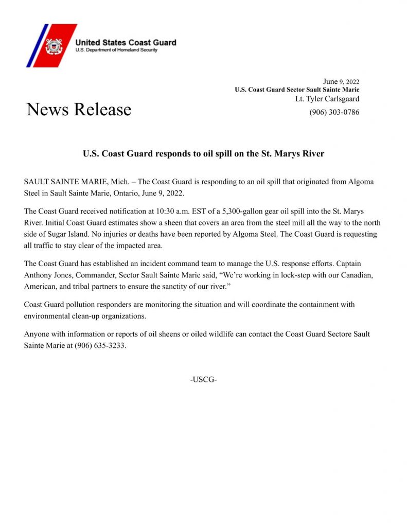 Oil Spills From Canadian Steel Mill Into St. Mary’s River; Closes Soo